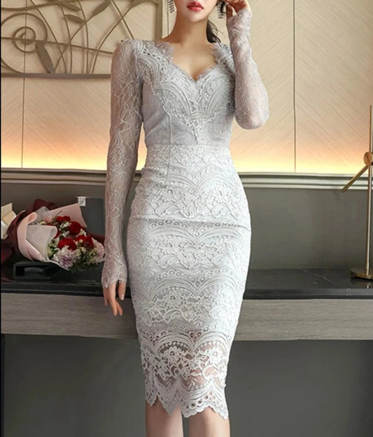Lace V-Neck Hollow Out Pencil Knee-Length Dress