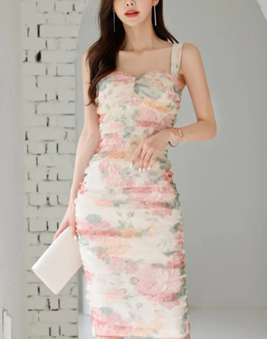 Floral Mesh Korean Style Simple Square Neck Dress