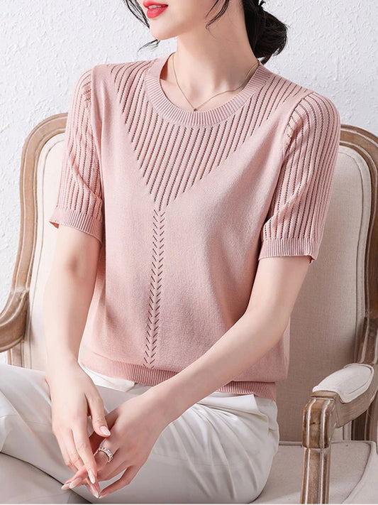 Hollow-out Knit O-neck Cotton Pullover Top
